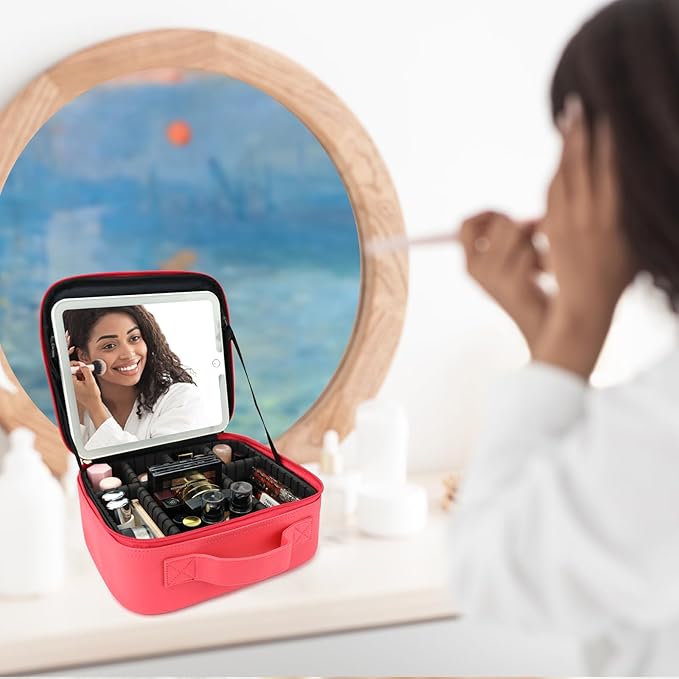 Travel Makeup Bag with LED Mirror Travel Makeup Organizer with 3 Lighted Settings, Adjustable Dividers and Makeup Brush Storage Bag Light Red