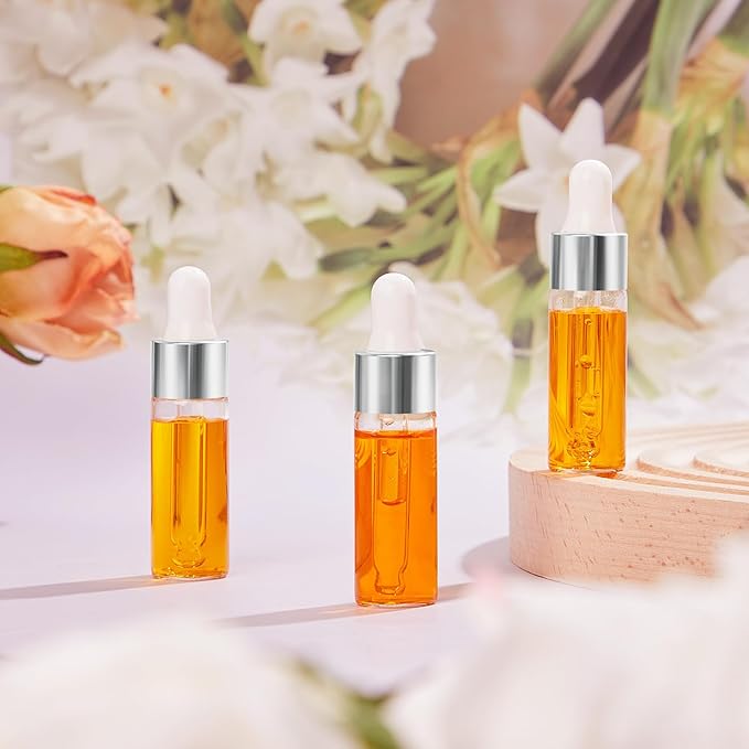 100 Pcs Mini Glass Oil Dropper Bottle Bulk, Clear Essential Small Empty Bottles Sample Containers Perfume Liquid Vials with Cap for Traveling (5 ml,Sliver)