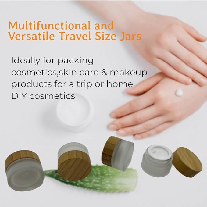 Empty Refillable Frosted Glass Cosmetic Jar 4 Pack Mini 5g/0.17oz with Bamboo Lids,Skin Care Travel Containers Pot Vial Holder Sample Storage for Eye Cream Lotion Ointments Lip Balm