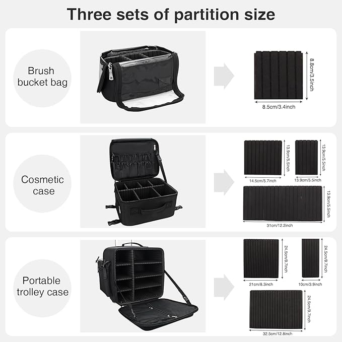Relavel Rolling Makeup Case Professional Makeup Train Case Makeup Artist Travel Organizer 4 in 1 with Detachable Cosmetic Case and Dual Makeup Brush Case and Wheels (Black, 4-Pack)