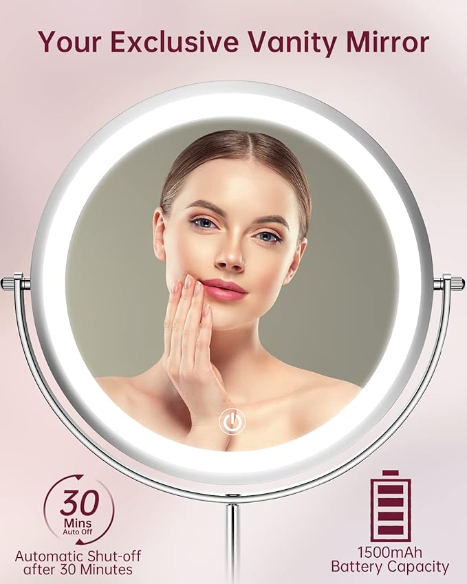 Gospire 8" Lighted Makeup Mirror with Magnification 10X/1X, 3 Color Lights & Dimmable Lighting, 360° Rotation Double Sided Rechargeable Cordless Vanity Cosmetic Standing LED Mirror for Makeup