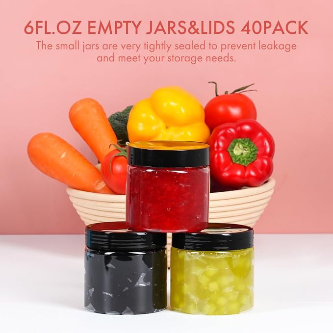 Empty 6 oz Small Containers with Lids & Labels - Refillable Plastic Jars with Lids - Sugars Scrub Jars/Slime Containers (6 fl.oz, 40Pack)