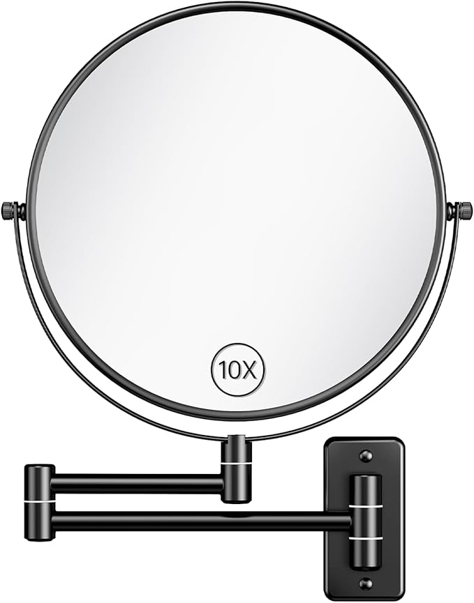 Benbilry 9" Large Size Wall Mounted Makeup Mirror, 1X/10X Magnifying Double Sided Shaving Mirror for Bathroom, 360° Swivel Extendable Arm, Black