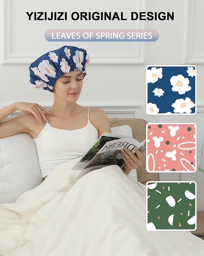 YIZIJIZI Shower Cap,Shower Caps for Women Reusable Waterproof,Two Layer Large Shower Caps Reusable Suitable for All Types of Straight Hair, Curly Hair, Long Hair,Braids (Blue flowers)