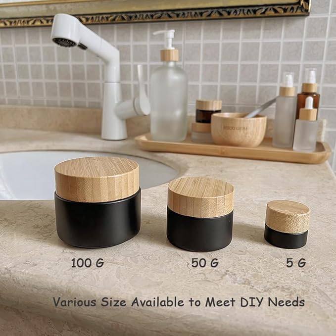 Empty Refillable Matt Black Glass Cosmetic Cream Jar 4 Pack 0.17 OZ/5g with Bamboo Lids,Skin Care Travel Frost Containers Pot for Eye Cream Lotion Ointments Lip Balm