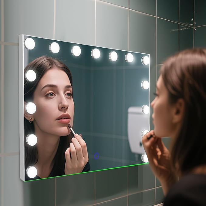 Hollywood Vanity Mirror with Lights, 23"x18" Lighted Makeup Mirror for Desk/Wall Mount with 15 Led Bulbs, 3 Lighting Modes for College Dorm, Bedroom & Dressing Room (White)