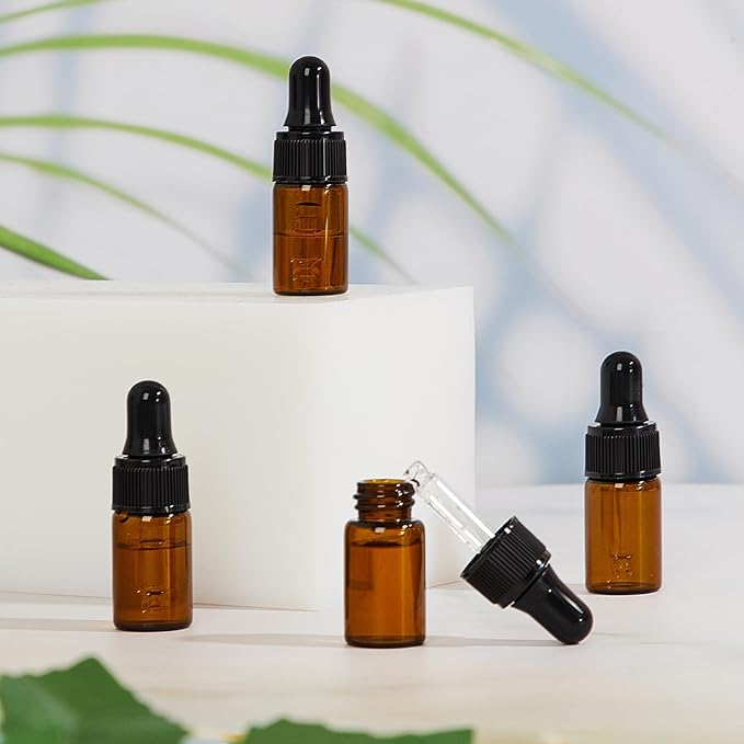 200 Pcs Mini Glass Oil Dropper Bottle Bulk, Clear Essential Small Empty Bottles Sample Containers Perfume Liquid Vials with Cap for Traveling (3 ml,Amber)