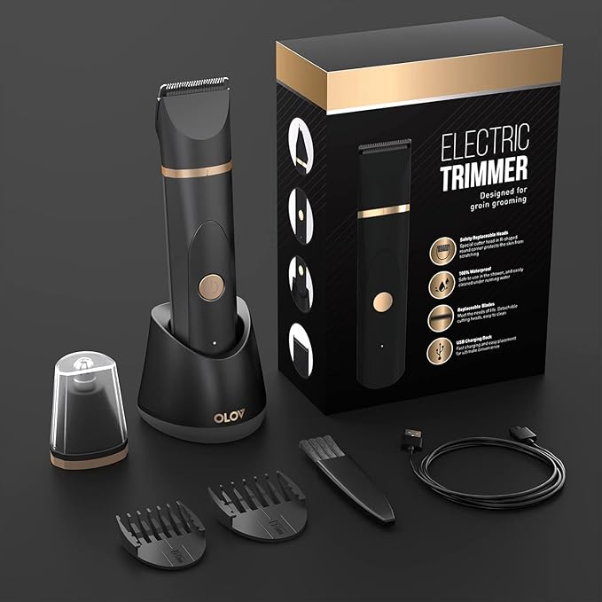 OLOV Electric Body Hair Trimmer - Groin Trimmer for Men - Bikini Trimmer Women - Wet/Dry Shaver Groomer, Replaceable Ceramic Blade Heads, USB Recharge Dock, Waterproof Hygiene Razor,Black