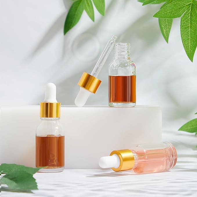 100 Pcs Mini Glass Oil Dropper Bottle Bulk, Clear Essential Small Empty Bottles Sample Containers Perfume Liquid Vials with Cap for Traveling (15 ml,Gold)