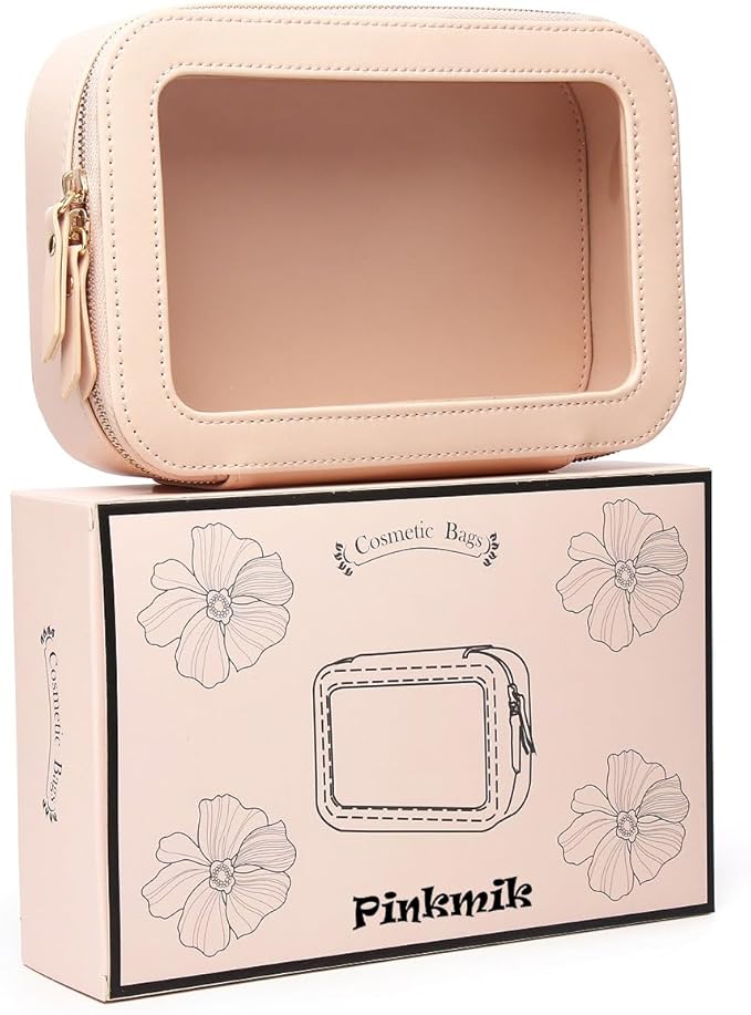 Pinkmik Clear Makeup Bag Transparent Travel Case for Cosmetics and Toiletries Women's Clear Car Bag with Zipper (Pink, Small)