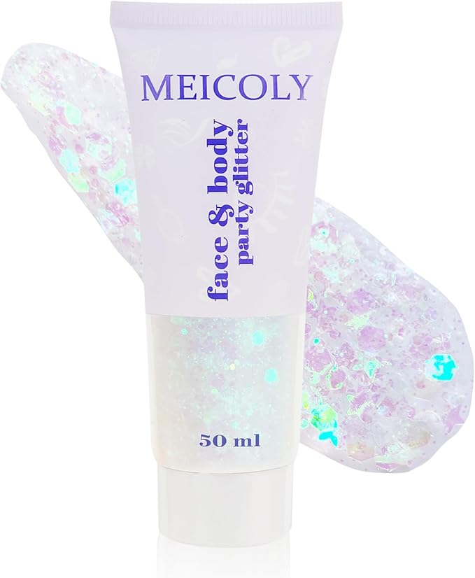 MEICOLY Clear White Body Glitter,Singer Concerts Music Festival Rave Accessories,Mermaid Face Glitter Gel,Sequins Glitter Face Paint,Chunky Hair Sparkling Halloween Glitter Gel for Women,50ml