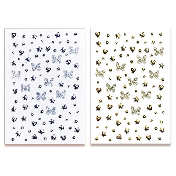 Fake Metallic Eye Corners Face Jewels Silver Gold Butterfly Face Gems Tattoo Decorations Body Glitter Crystal Sticker Temporary Tattoo, 2-Pack