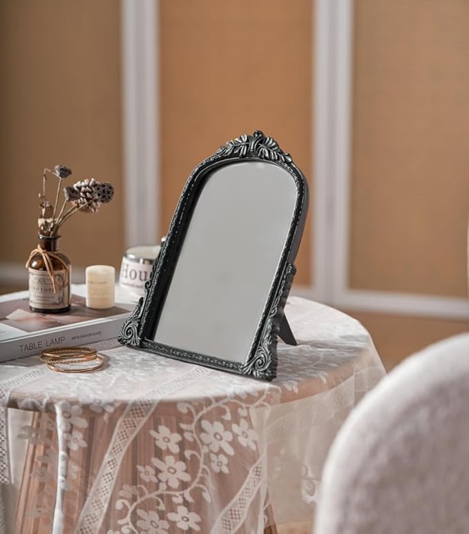 Vintage Black Vanity Makeup Mirror, Antique Arch Table Mirror with Carved Resin Frame, Small Standing Mirror for Bedroom, Living Room, Tabletop (13.2" x 12.8")