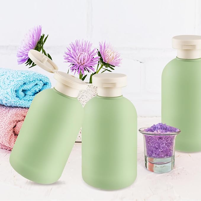 9 Pcs 6.8 oz Plastic Squeeze Bottles with Flip Cap,Empty Refillable Travel Shampoo Bottle Containers for Creams, Lotion,Body Wash, Conditioner,Silicone Funnel Included-Green
