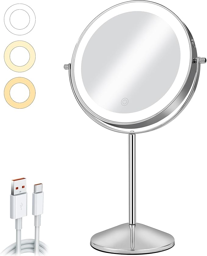 8" Makeup Mirror with Lights, Vanity Mirror with 1X/10X Magnification, Touch Screen 3 Colors Dimmable 54 LED Lights Brightness Adjustable 360° Rotation for Tabletop