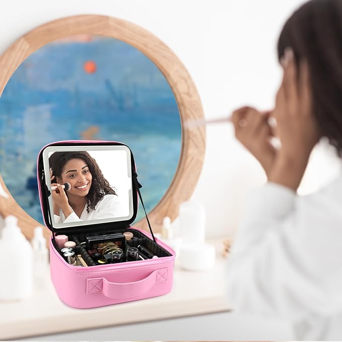 Travel Makeup Bag with LED Mirror Travel Makeup Organizer with 3 Lighted Settings, Adjustable Dividers and Makeup Brush Storage Bag Dark Pink