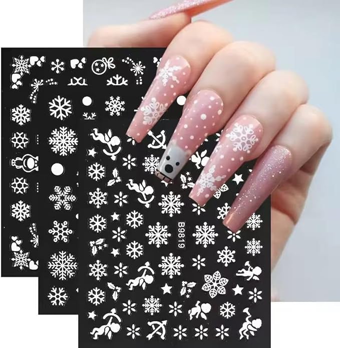30 Sheet White Snowflakes Nail Art Stickers Christmas Snowflake Decals 3D Self-Adhesive Nail Art Supplies Charms for Nails Art Manicure Tips Decoration