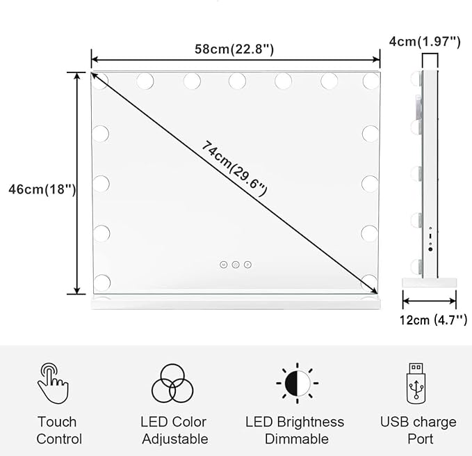 HIEEY Vanity Mirror with Lights, Hollywood Lighted Mirror with 15 Dimmable LED Bulbs, Makeup Mirror with Lights, and 5X Magnification Mirror, 3 Colors Modes,Touch Control, Metal Frame,White