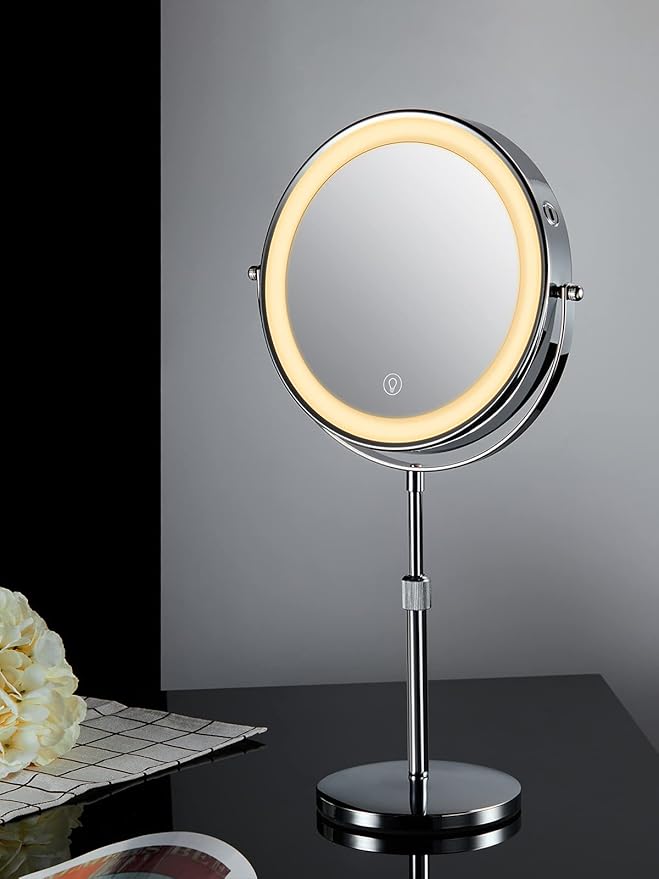 OMIRO 3X/10X Magnifying Makeup Mirror with Lights, 8.5 Inches Double Sided Swivel-Free Vanity Mirror with Height-Adjustable Stand. (Silver)