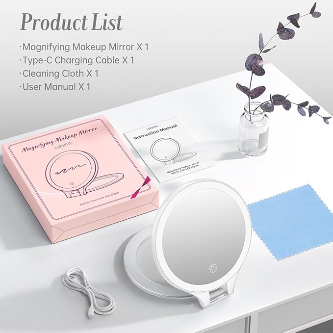 Luxspire Magnifying Mirror with Light, 10X / 1X Double Sided Makeup Mirror, Portable Travel Makeup Mirror with 3 Color Lights and Magnification, Foldable Handheld Lighted Mirror, White