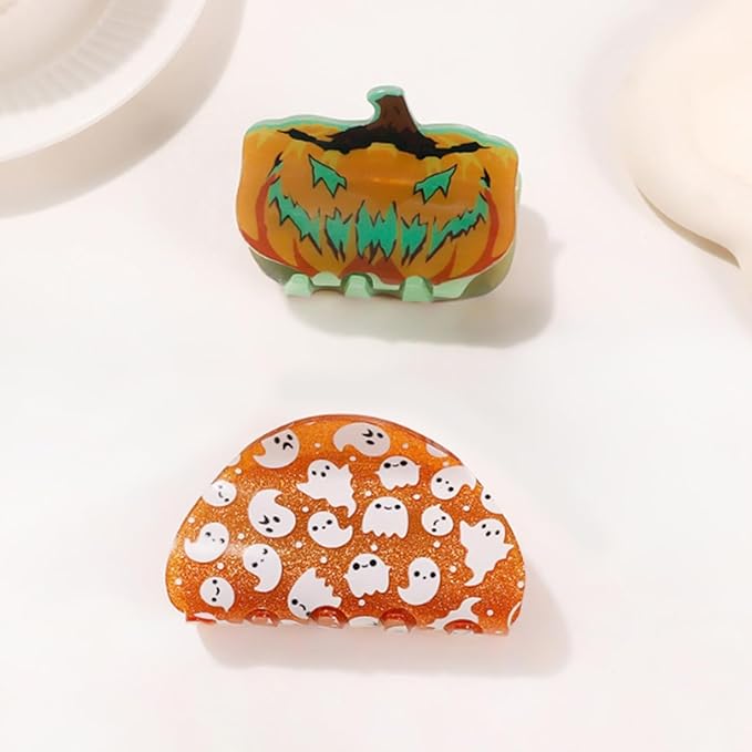 2 Pcs Halloween Hair Claw Clips Glow in the Dark Hair Clips Pumpkin Ghost Hair Claws Halloween Party Hair Claw Clips Cute Hair Accessories for Women's Thin or Thick Hairs (Luminous)