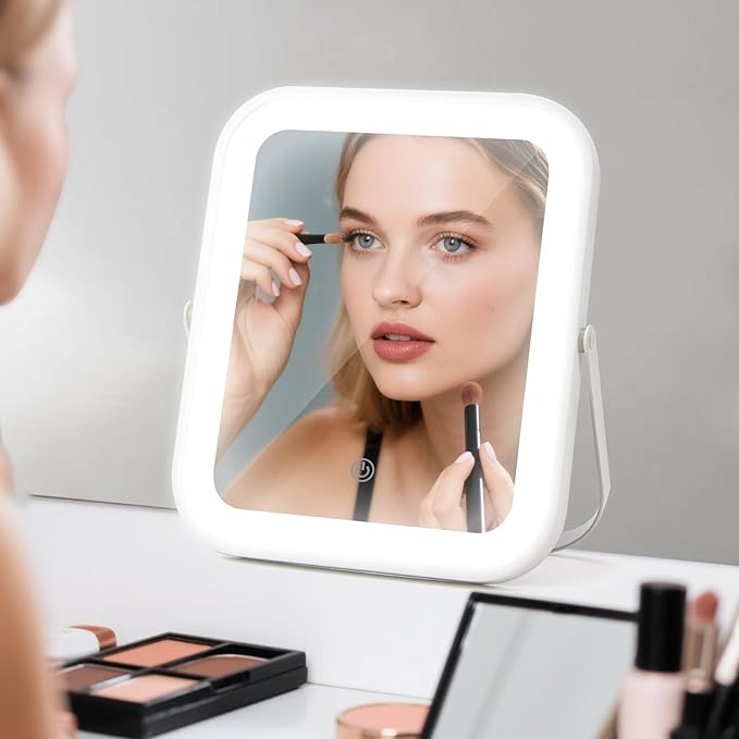 8" x 10" Lighted Vanity Mirror with 3-Color Dimmable LED, HD Professional Mirror with Lights, 360° Rotation, Portable Makeup Mirror for Bedroom Desk or Travel (White)