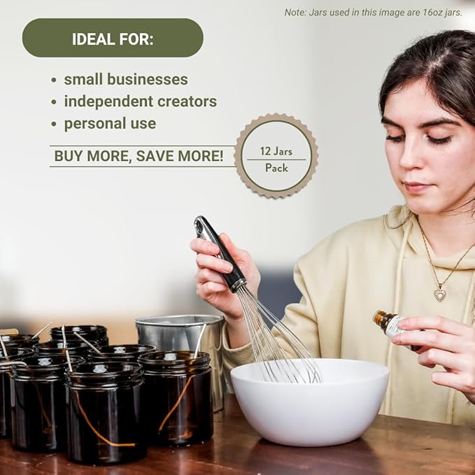 Glass Amber 16oz Jar - 12 Packs, Empty Round Jars For Beauty Products, Lotion, and Powders - Black Lid - Small Candle Jars