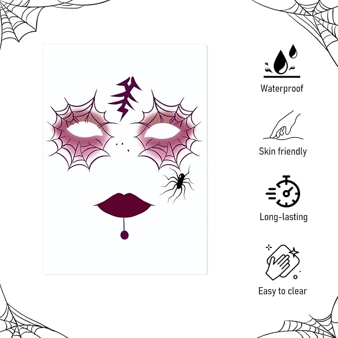 8Pcs Halloween Face Tattoos Temporary, Tattoos Decals with Spider Web & Spider Design,Temporary Makeup Tattoos Stickers, Face Tattoo Sticker Art for Halloween, Adults, Kids, Costume Parties