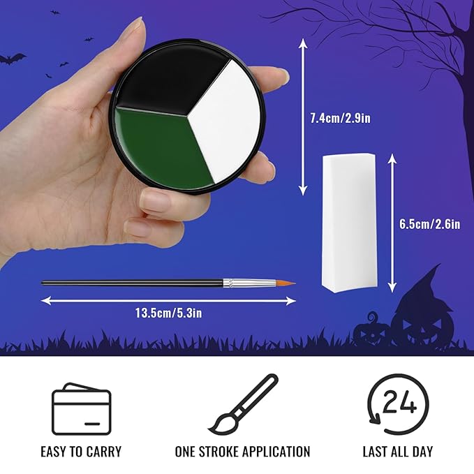 BOBISUKA White Black Green Face Paint + 3PC Sponge + Brush Body Paint Set, Colored Eye Black for Baseball Softball Sport Games, Zombie, Monster Face Painting Kit for Halloween, Cosplay, Costume, SFX Special Effect and Theme Parties