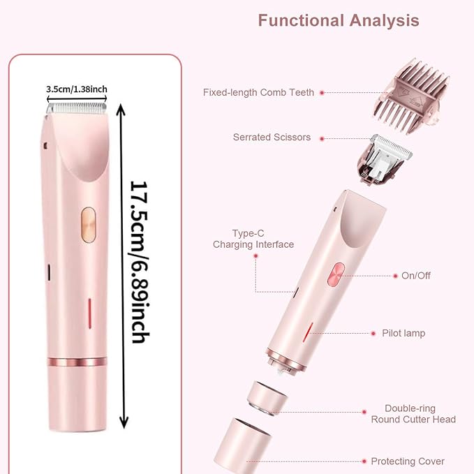 Bikini Trimmer for Women,Dermave Bikini Shaver 2 in 1 Electric Razors for Women,Dual Head Shaver for Leg Arm Body Grooming Tool,Silky and Painless and Efficient Cleaning Pink