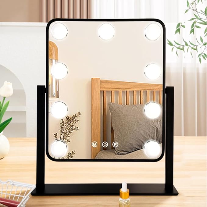 Lighted Vanity Mirror with Lights, 14.2"L x 12"W, Black, Tabletop Mount, Modern Style, Dimmable, Touch Control, Color Changing, Perfect for Bedroom & Dressing Room