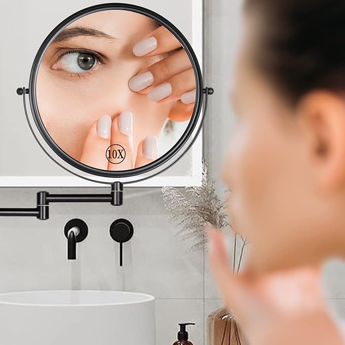 DECLUTTR 9 Inch Large Wall Mounted Makeup Mirror, 1X/10X Magnifying Mirror Double-Sided, 360° Swivel Extendable Makeup Mirror for Bathroom, Black