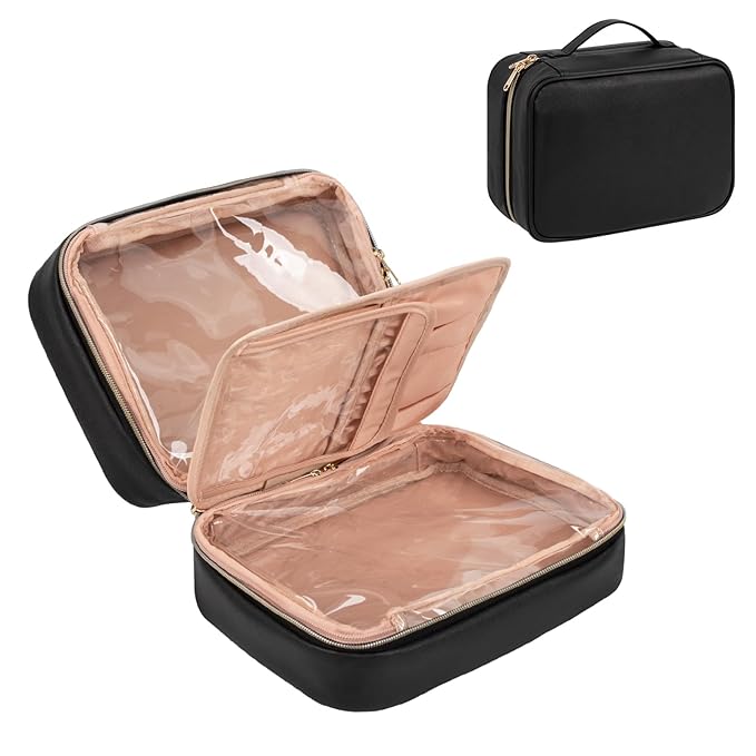 OCHEAL Makeup Bag, Makeup Travel Bag Large Capacity Waterproof Cosmetic Organizer Bag with Makeup Brush Compartment & Handle for Women Girls Travel Toiletry Accessories-Black