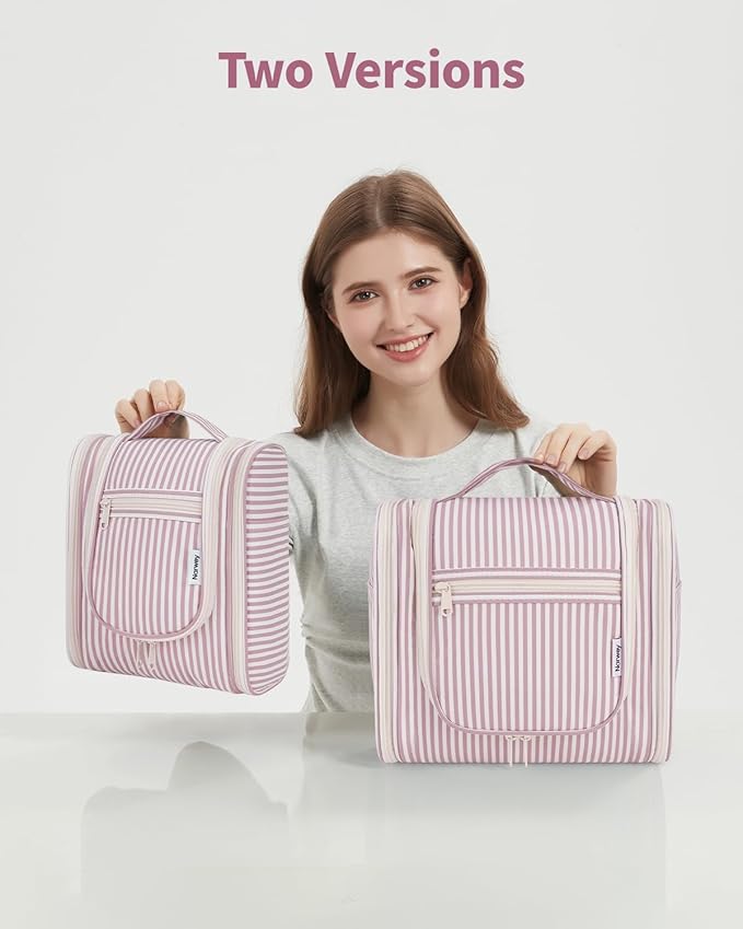 Narwey Small Striped Hanging Travel Toiletry Bag for Women, Travel Bag for Toiletries, Makeup Bag Organizer Cosmetic Bags Make Up Bags for Women (Dusty Rose Stripe)