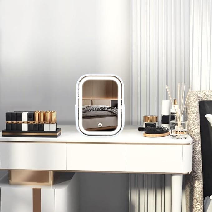 Rechargeable Desk Vanity Makeup Mirror with Lights,8x6 Inch Folding Portable Mirror with Metal Stand Adjustable Rotation,Tavel Make Up Mirror for Table