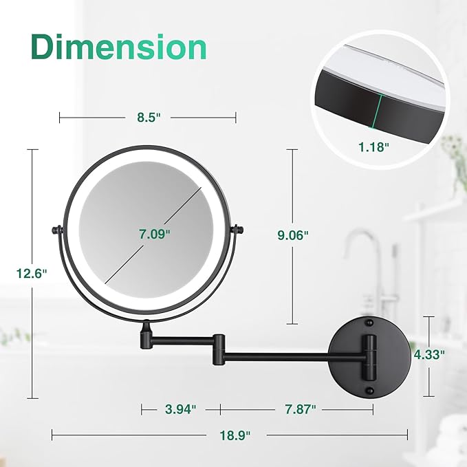 8.5'' Lighted Makeup Mirror with Magnification, Double Sided Dual Touch 1X/10X Magnifying Mirror with Lights 360°Swivel Bathroom Mirror with Extendable Arm