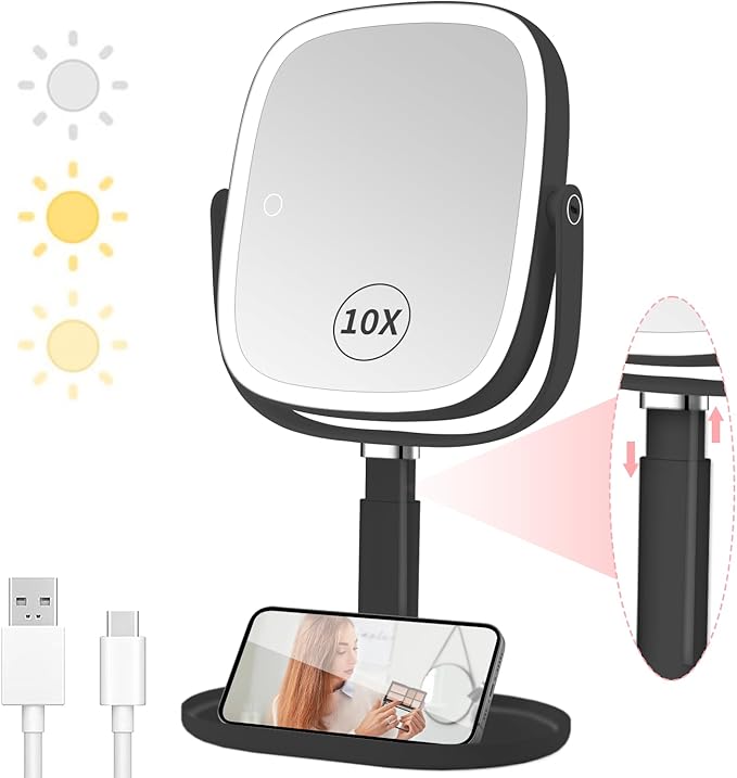 Lighted Makeup Mirror, 2600mAh Rechargeable 1x/10x Magnifying Vanity Mirror, 8.5" Height Adjustable Makeup Mirror with Lights 3 Color, 360° Rotation 2-Sided Light up Large Desk Mirror - Black