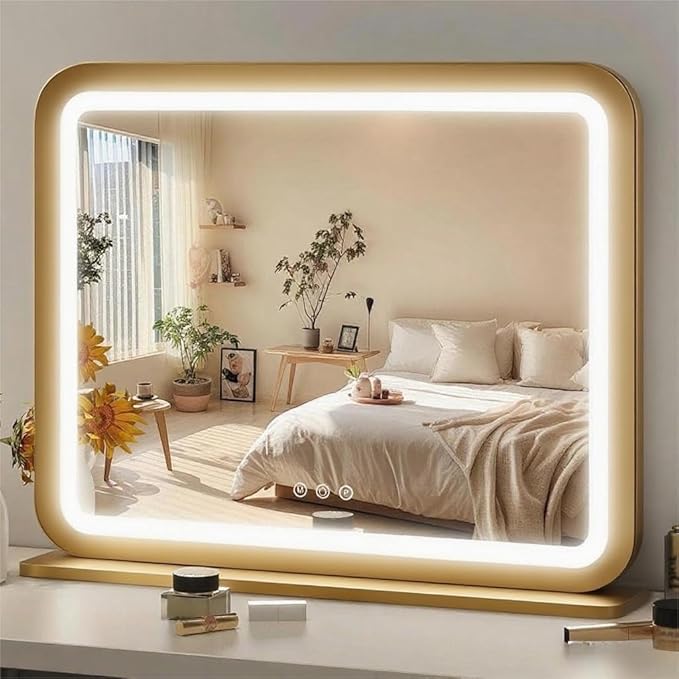 FENNIO 23" x 18" Vanity Mirror with Lights,LED Makeup Mirror,Hollywood Mirror with 3 Color Modes & Adjustable Brightness,Vanity Mirror Gold