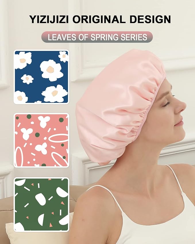 YIZIJIZI Terry Lined Shower Cap,Triple Layer Large Cap for Women,Shower Cap Reusable Waterproof,Long Thick Hair(Pink)