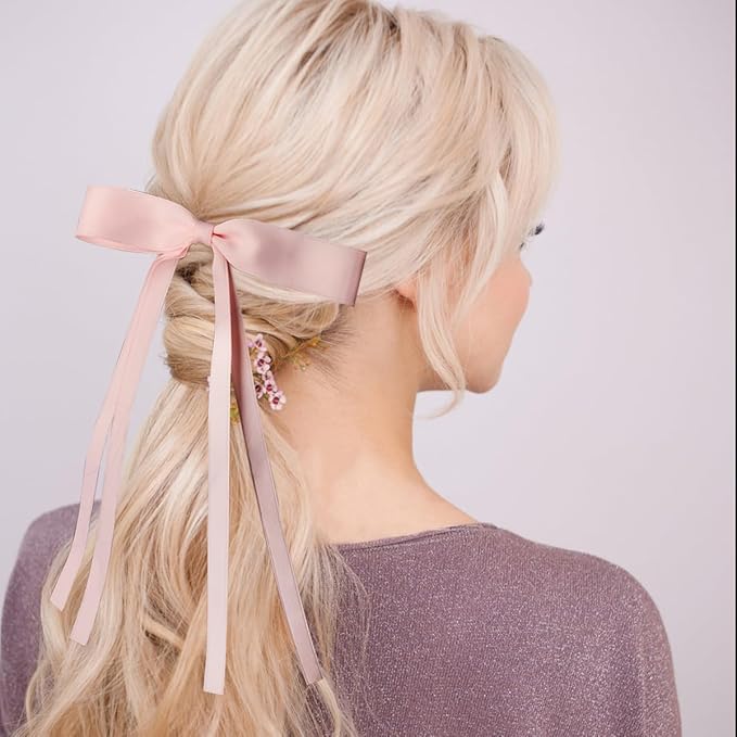 4 PCS Tassel Ribbon Bowknot Hair Clips With Long Tail for Women Girl Teens Kids, Solid Holder Fashion Bow Bowknot Hair Accessories Headwear Barrettes Claw(Pink&White)