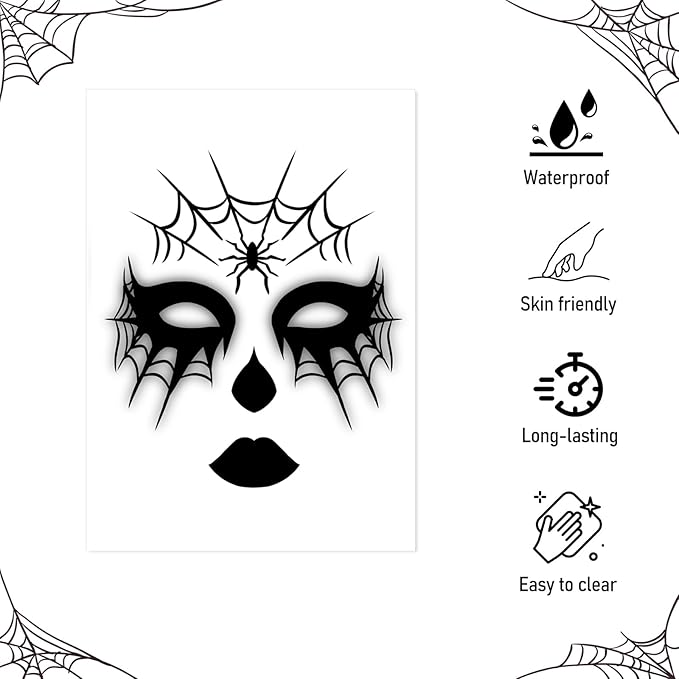 Halloween Spider Web Face Tattoos, Temporary Tattoos Stickers, Face Tattoo Decals,Temporary Makeup Tattoos, Face Tattoo Sticker Art for Adult Kids Halloween Costume Accessories 8Pcs