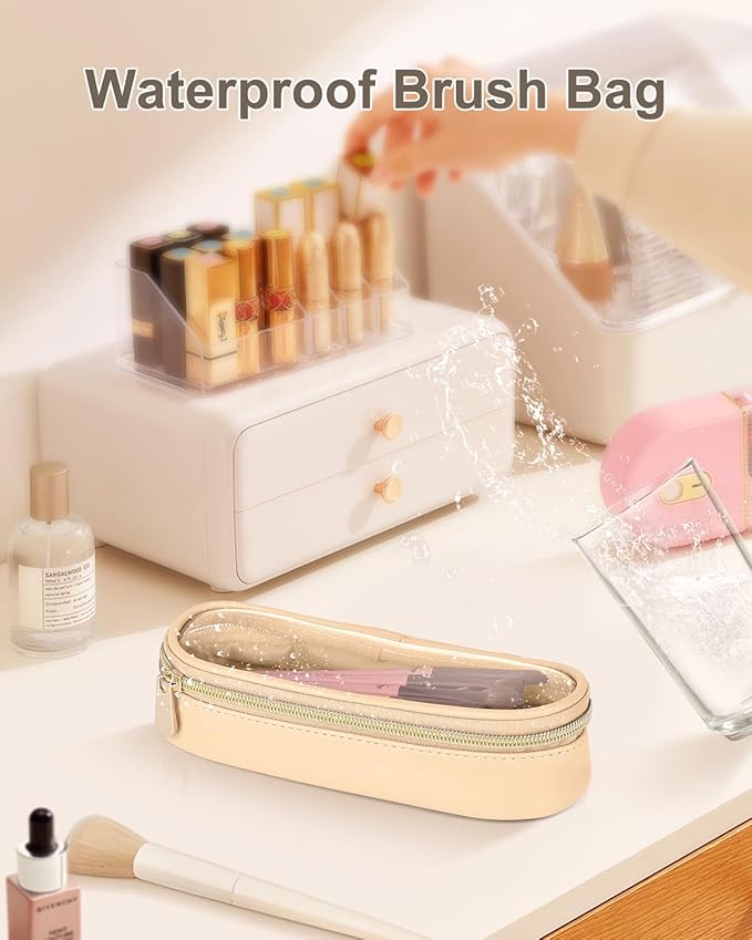 Clear Travel Makeup Brush Holder, Leather Makeup Brush Toiletry Bag, Portable Cosmetic Brush Case, Transparent Waterproof Makeup Brush Storage Bag, Khaki