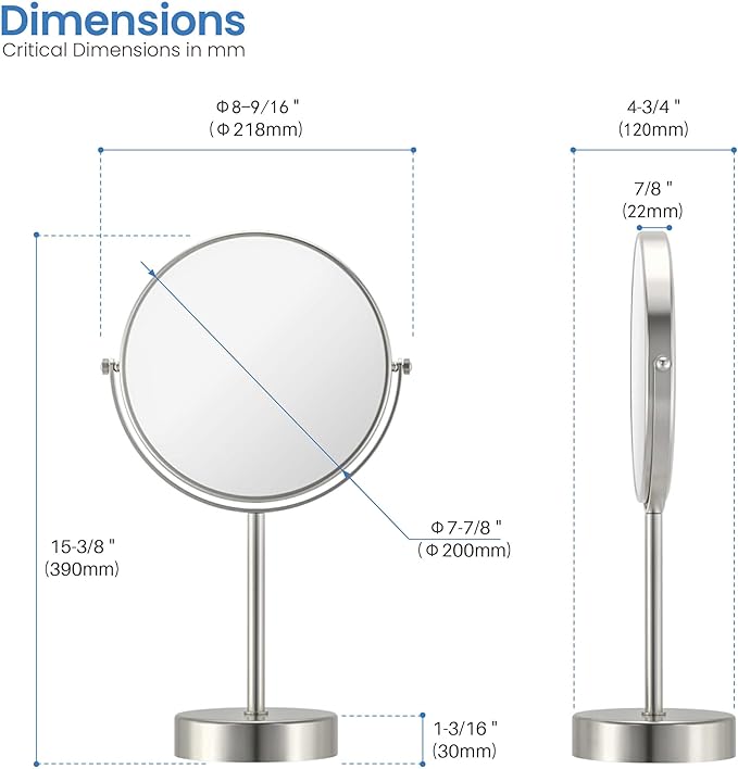 KIBI Free Standing Magnifying Makeup Mirror | Dual-Sided 1X/5X Magnification | 360° Rotating Vanity Mirror for Precise Grooming, Skincare & Beauty (Brushed Nickel, KMM103)
