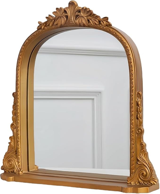 Vintage Antique Gold Framed Tabletop Mirror - Small Decorative Mirror with Carved Resin Frame for Vanity, Desk, or Shelf Decor
