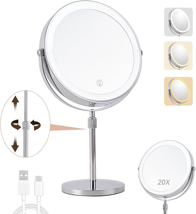 1X/20X Magnifying Makeup Mirror with Lights - 9" Large Dual-Sided Vanity Mirror with 3 Color Lights for Women's Travel Cosmetic Mirror | 3000 mAh-USB Rechargeable | 360° Rotation | Adjustable Height