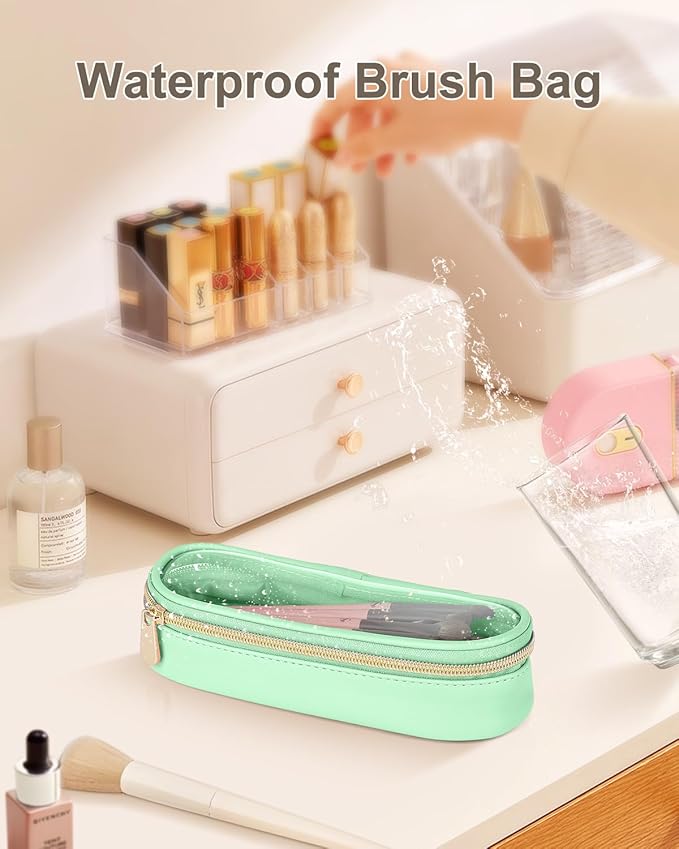 Clear Travel Makeup Brush Holder, Leather Makeup Brush Toiletry Bag, Portable Cosmetic Brush Case, Transparent Waterproof Makeup Brush Storage Bag, Mint Green