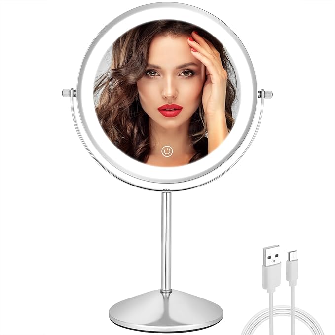 8" Makeup Mirror with Lights, 1X/10X Lighted Vanity Mirror with Magnification, 3 Color Adjustable Brightness, 360° Rotating Dual-Side, USB Rechargeable Cordless Design for Vanity & Tabletop