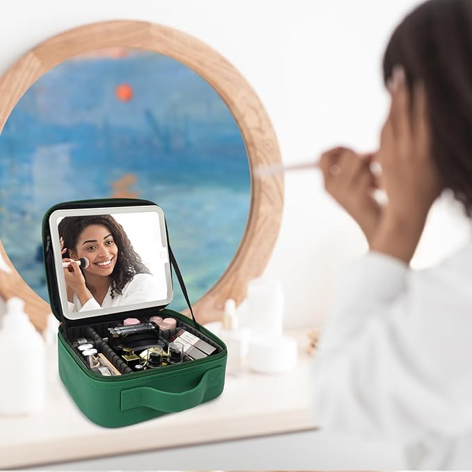 Travel Makeup Bag with LED Mirror Travel Makeup Organizer with 3 Lighted Settings, Adjustable Dividers and Makeup Brush Storage Bag Dark Green