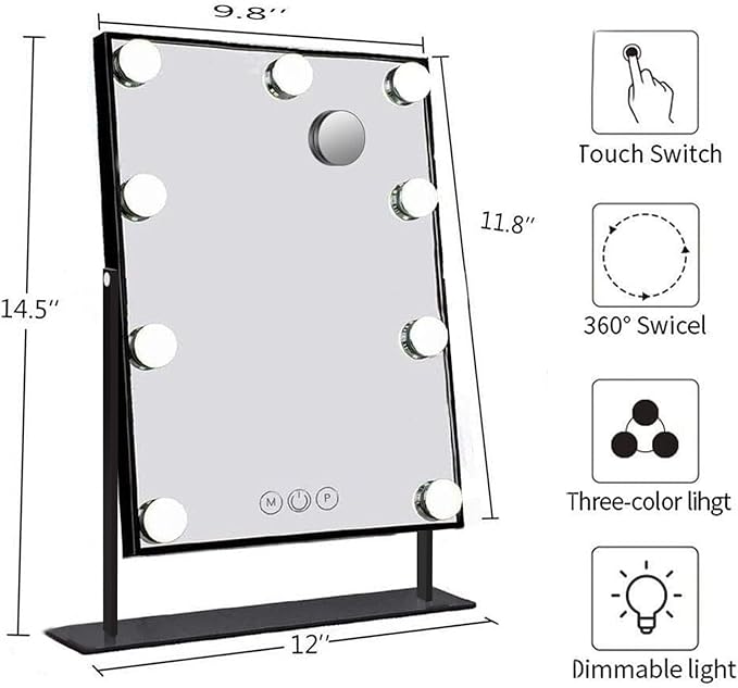 Hansong Lighted Vanity Mirror Makeup Mirror with Lights Hollywood Mirror with 9 LED Bulbs and Detachable 10X Magnification Black Vanity Mirror with Lights 360 Degree Rotation