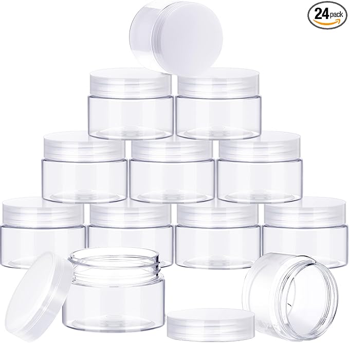24 Pieces Empty Clear Plastic Jars with Lids Round Storage Containers Wide-Mouth for Beauty Product Cosmetic Cream Lotion Liquid Butter Craft and Food (Transparent Lid, 2 oz)